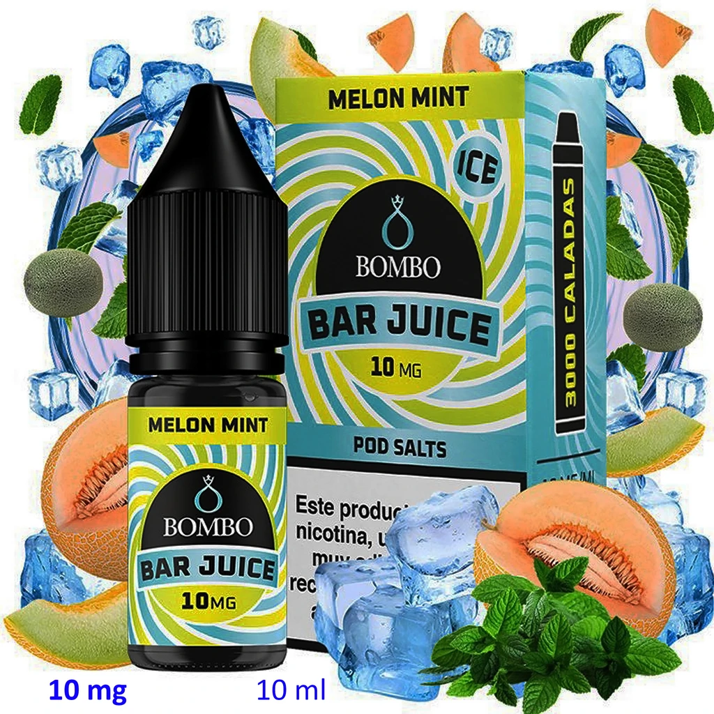 Frasco y caja de Bar Juice Bombo Melon Mint Ice, con etiqueta de 10 mg, rodeados de melón, hojas de menta y cubitos de hielo.