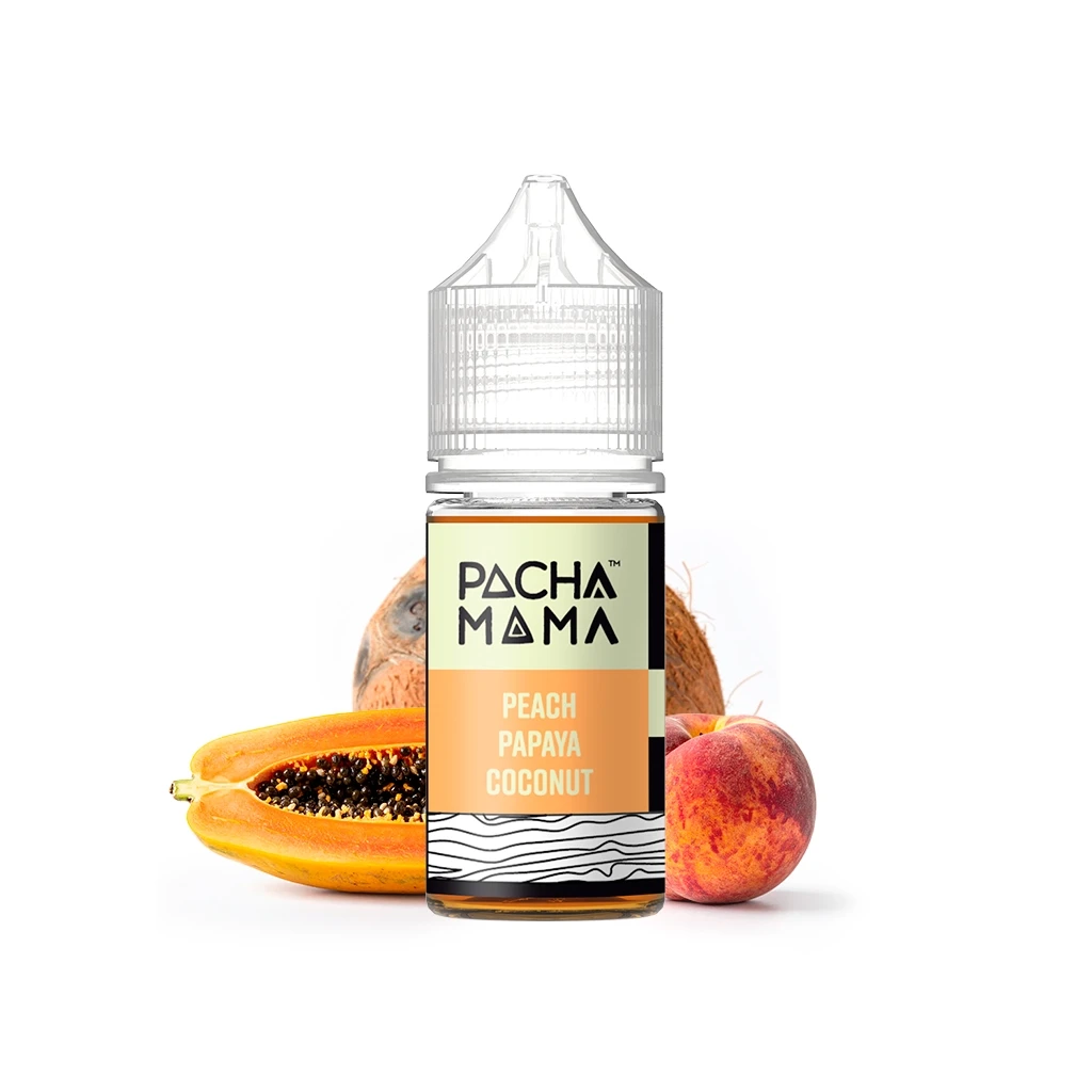 Frasco Pachamama Peach Papaya Coconut con tapón transparente y etiqueta naranja, acompañado de papaya abierta, melocotón y coco.