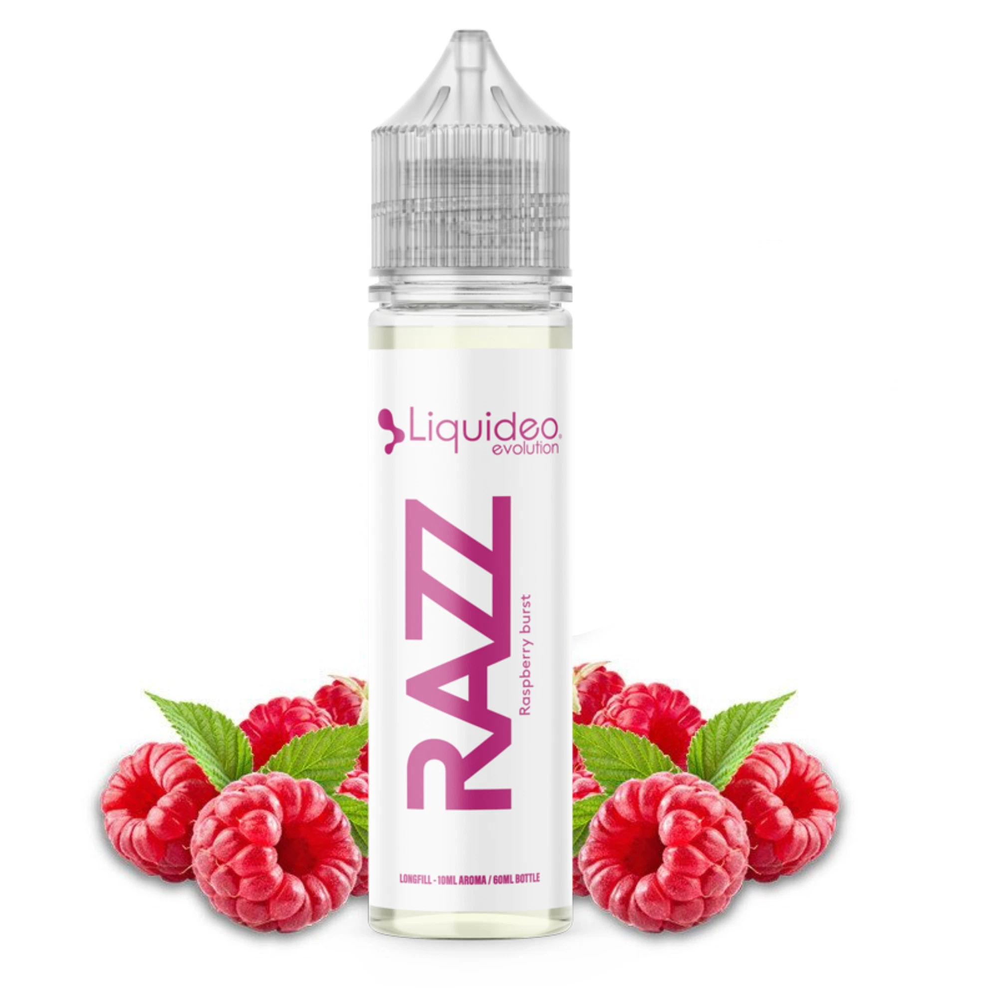 Frasco alargado de Liquideo Evolution Razz con tapón transparente y letras rosas, rodeado de frambuesas y hojas verdes.