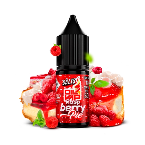Frasco de Oil4Vap Raspberry Pie Salts con etiqueta roja y tapón negro, rodeado de frambuesas y porciones de tarta con crema.