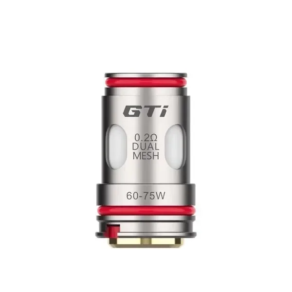 Resistencia Vaporesso GTi Dual Mesh con juntas rojas y aberturas laterales, marcada con 0,2 Ω y un rango de 60–75 W.