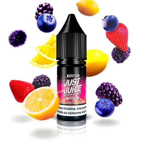 Frasco negro de Just Juice Fusion con etiqueta rosa, rodeado de limones, fresas, moras y arándanos sobre fondo blanco.