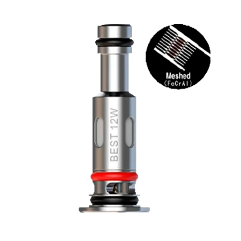 Resistencia Smok LP1 de acabado plateado, con juntas negras y roja, inscripción «BEST 12W» y detalle gráfico de la malla.