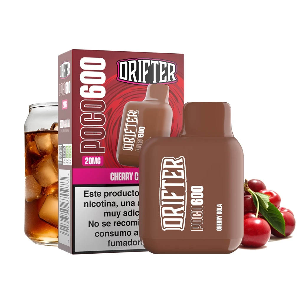 Vaper marrón Drifter Poco 600 Cherry Cola con su caja marcada 20MG, acompañado de cerezas y un vaso de cola con hielo.