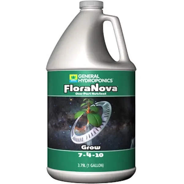 Garrafa de FloraNova Grow de General Hydroponics con asa, tapón gris y etiqueta verde con las cifras 7-4-10 y 3,79 l (1 galón).