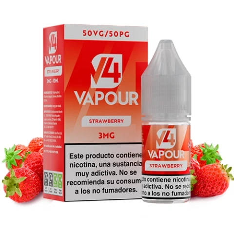 Caja y frasco de V4 Vapour Strawberry rodeados de fresas, con etiquetas de 3 mg, 50VG/50PG y advertencia sobre la nicotina.