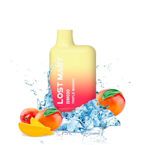 Vaper Lost Mary BM600 Triple Mango con degradado amarillo y rosa, rodeado de mangos, trozos de fruta, hielo y salpicaduras de agua.