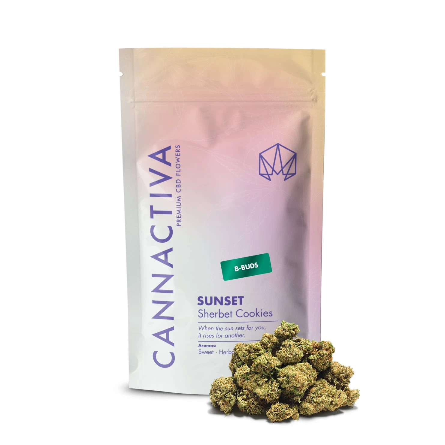 Bolsa de Cannactiva con las inscripciones Sunset Sherbet Cookies y B-Buds, junto a varios cogollos pequeños sobre fondo blanco.