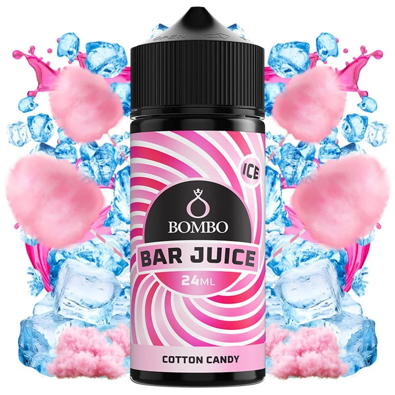 Bote de Cotton Candy Ice de Bar Juice by Bombo, con etiqueta rosa de 24 ml, rodeado de algodón de azúcar y cubitos de hielo.