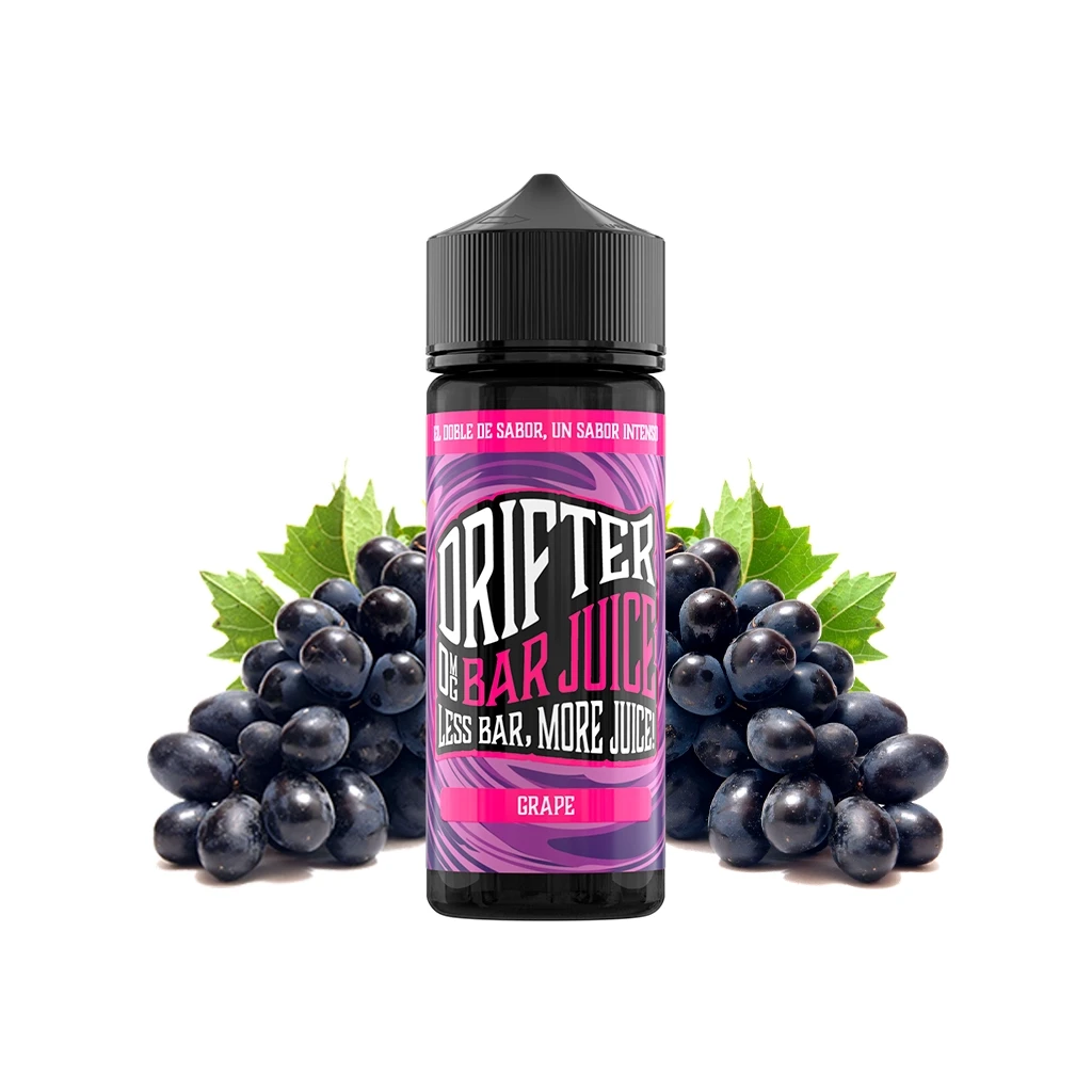 Botella negra de Drifter Bar Juice Grape con etiqueta rosa y morada, flanqueada por racimos de uvas oscuras y hojas verdes.