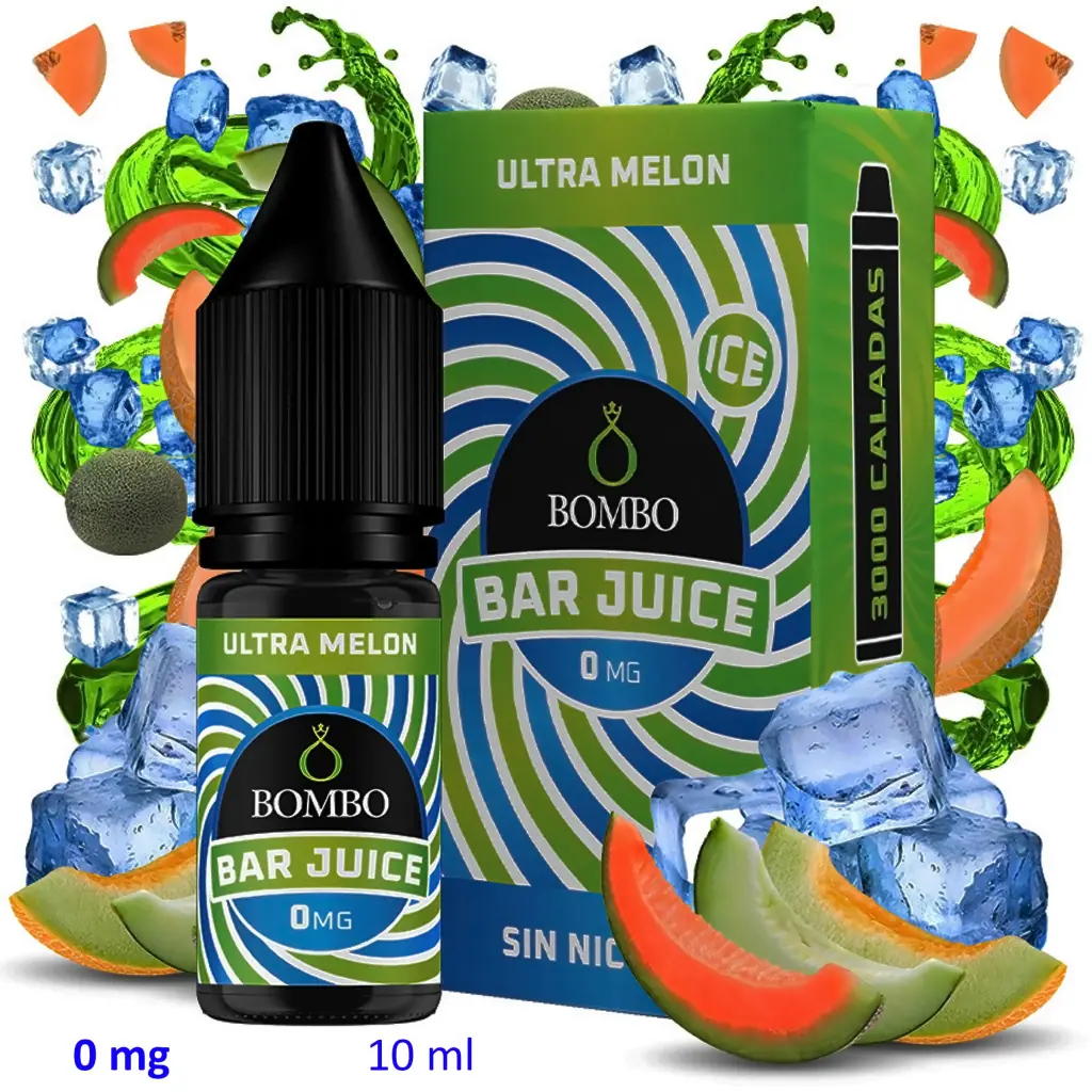 Frasco y caja Bombo Bar Juice Ultra Melon Ice de 10 ml y 0 mg, con diseño verde y azul, rodeados de melón, hielo y salpicaduras verdes.