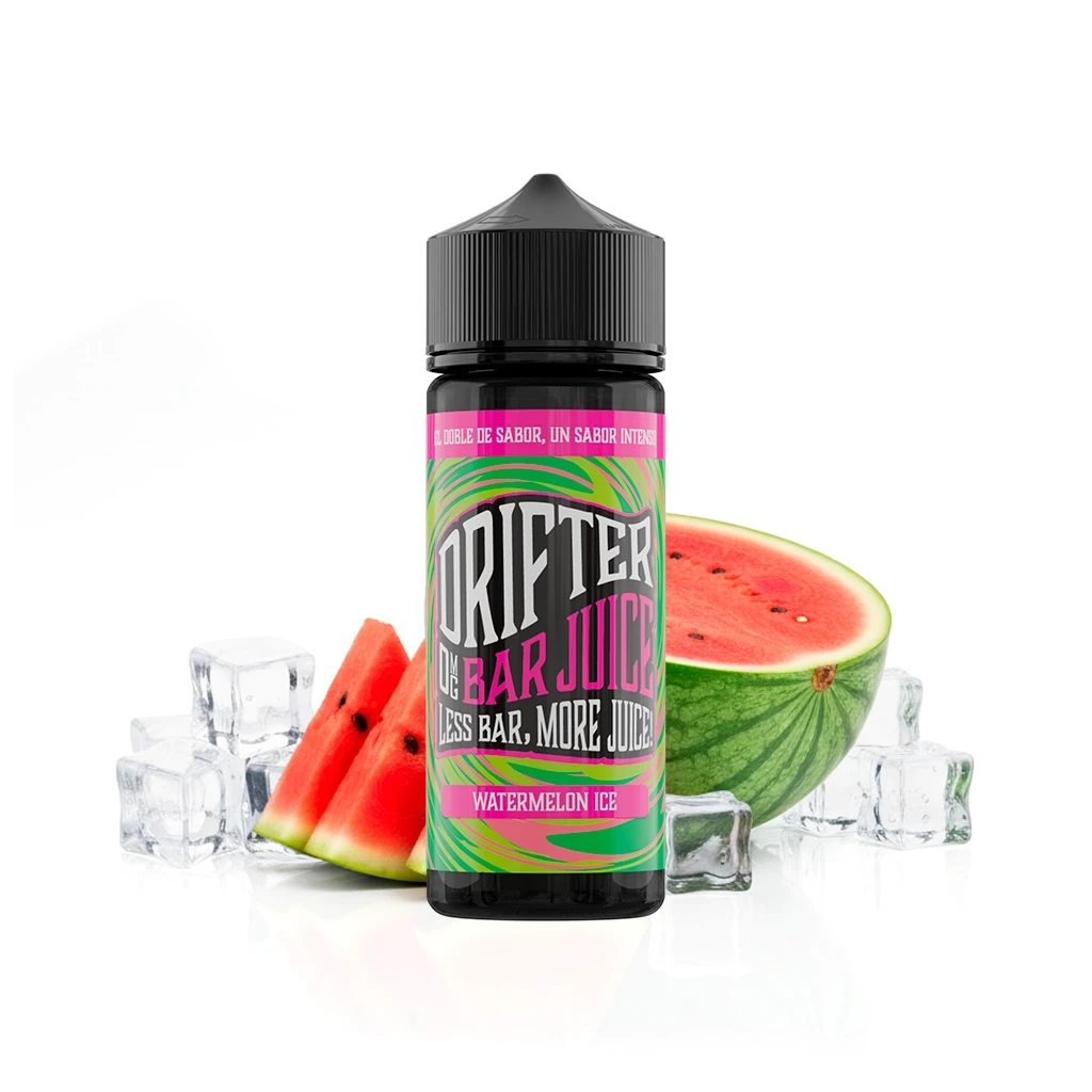 Bote Drifter Bar Watermelon Ice con tapón negro y etiqueta verde y rosa, acompañado de sandía cortada y cubitos de hielo sobre fondo blanco.
