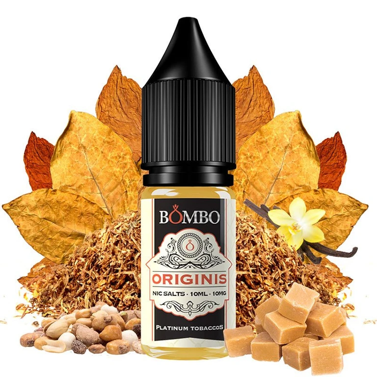 Frasco Bombo Originis con tapón negro y etiqueta de 10 ml y 10 mg, rodeado de tabaco, frutos secos, vainilla y dados de caramelo.