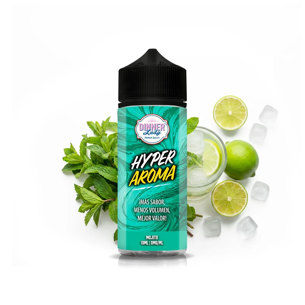 Frasco Dinner Lady Hyper Aroma Mojito con etiqueta turquesa y tapón negro, acompañado de limas, hojas de menta y cubitos de hielo.
