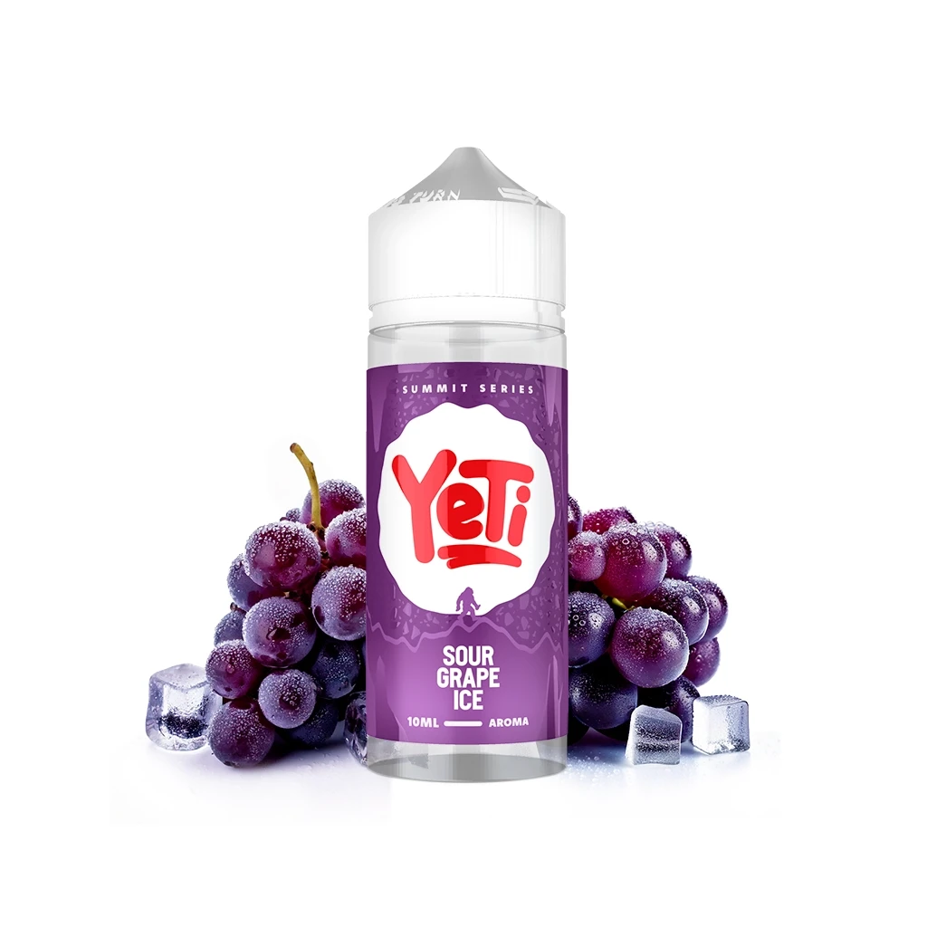 Frasco Yeti Summit Series Sour Grape Ice con etiqueta morada y tapón blanco, rodeado de racimos de uvas moradas y cubitos de hielo.