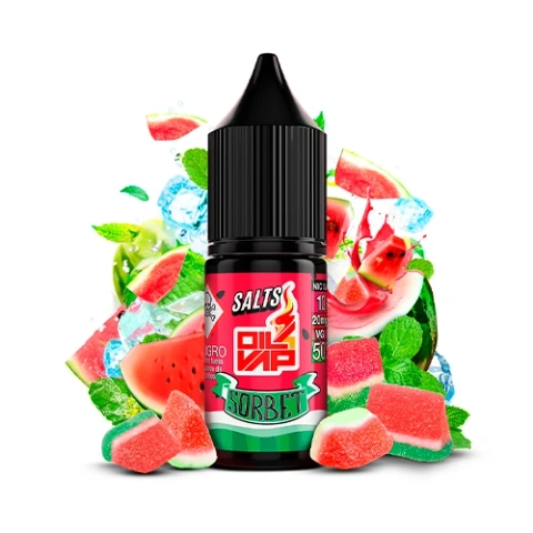 Frasco de Oil4Vap Salts Sorbet con tapón negro y etiqueta roja y verde, rodeado de sandía, golosinas, hojas y cubitos de hielo.