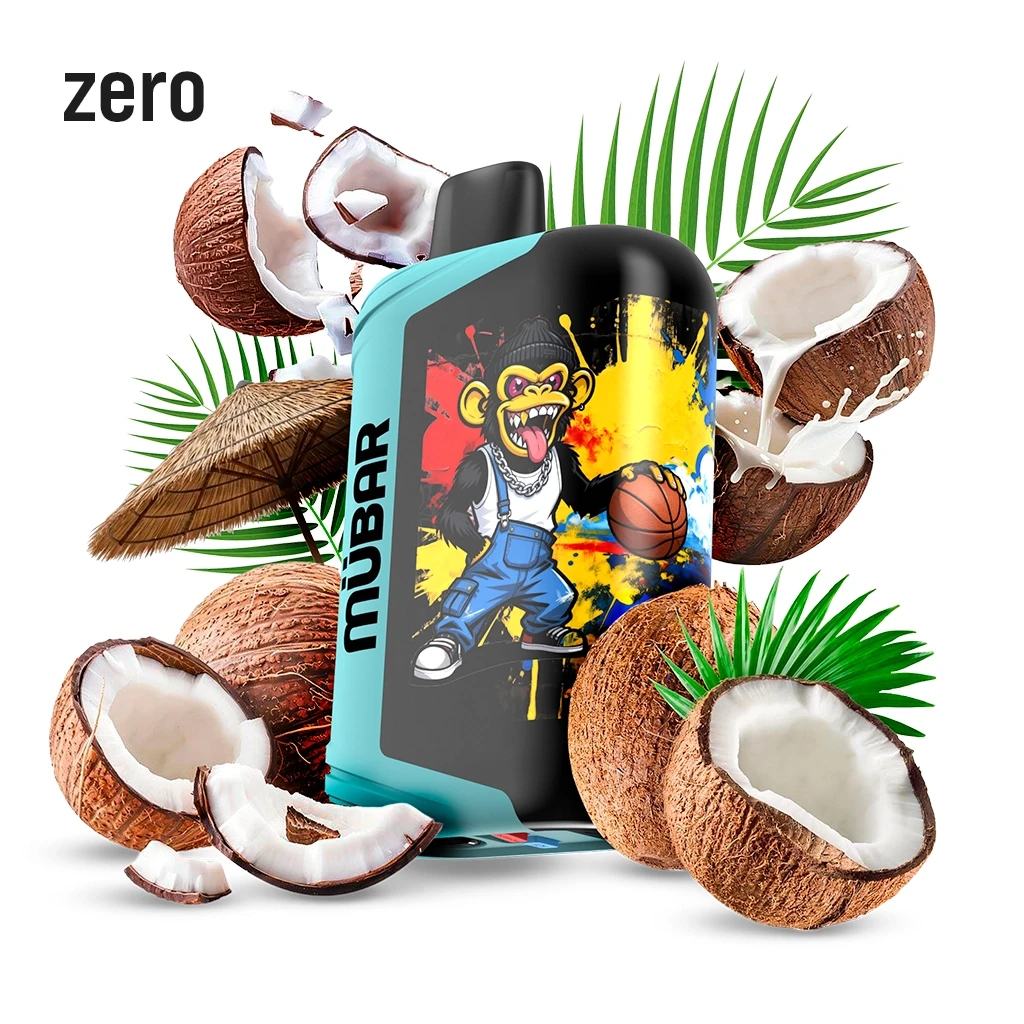 Vaper Mübar Cocoloco con carcasa turquesa y dibujo de un mono con balón, rodeado de cocos y hojas de palmera; texto «zero».