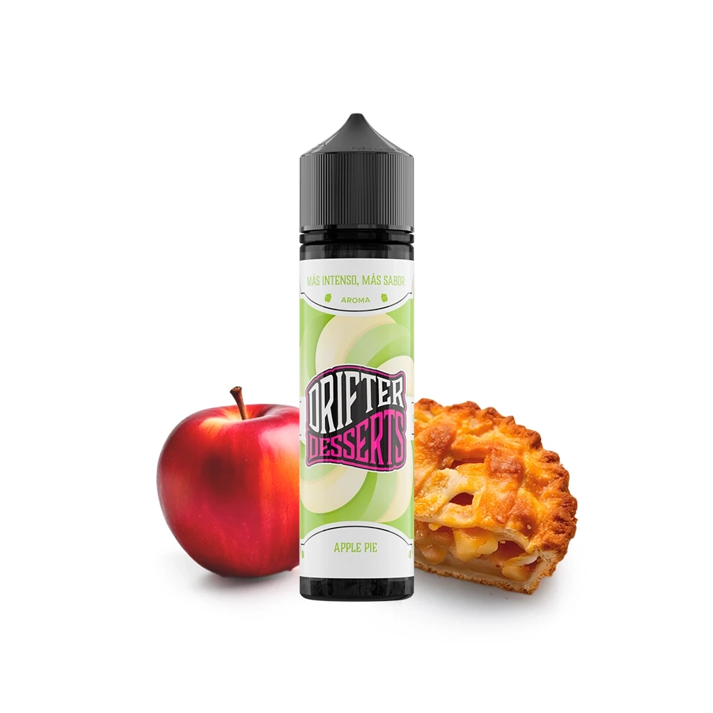 Frasco alto de Drifter Desserts Apple Pie Longfill con tapón negro y etiqueta verde, junto a una manzana roja y una porción de tarta.