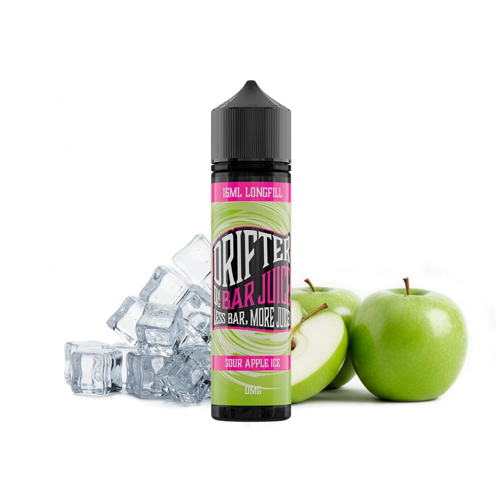 Botella Drifter Bar Sour Apple Ice Longfill con tapón negro y etiqueta verde y rosa, junto a manzanas verdes y cubitos de hielo.