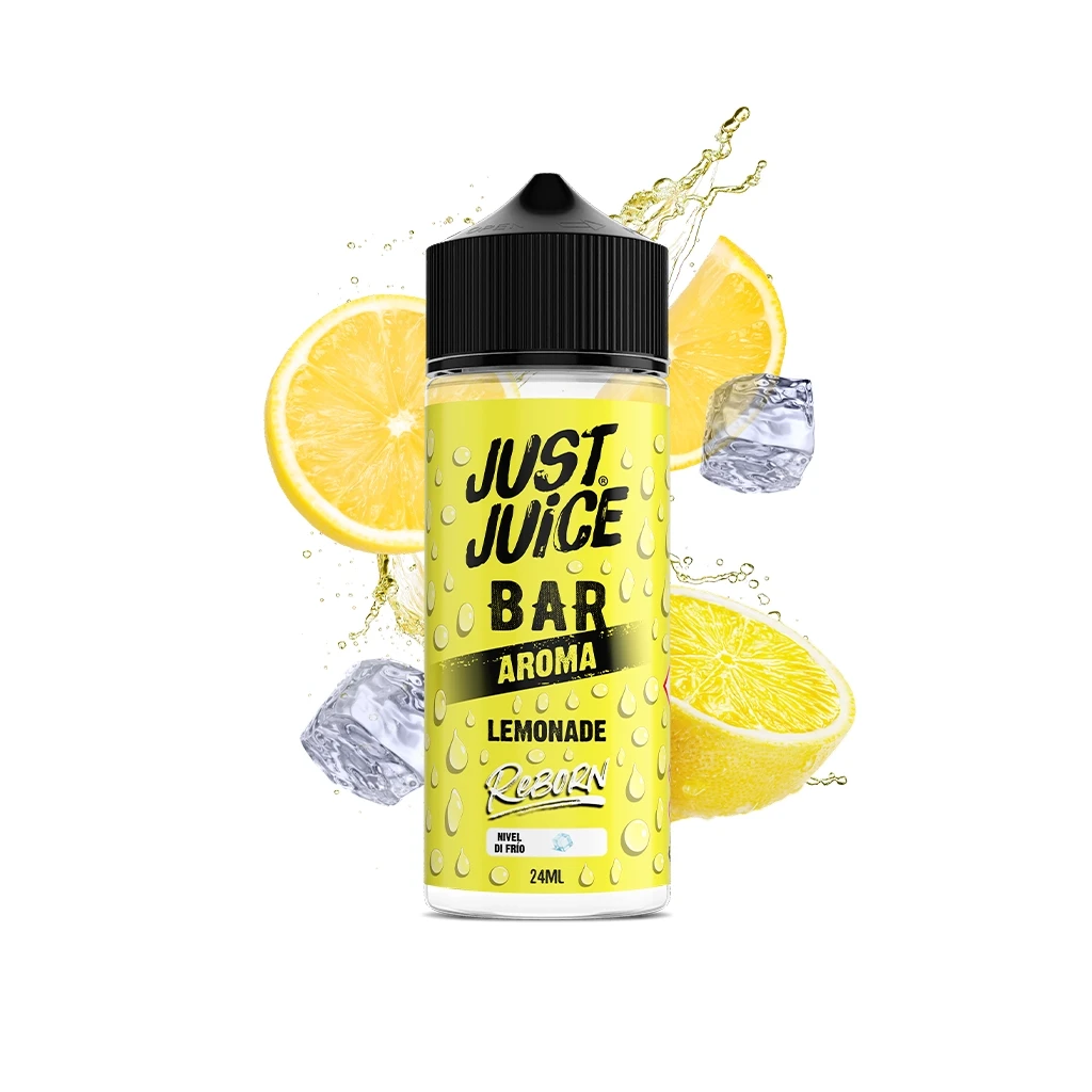 Bote Just Juice Reborn Lemonade de 24 ml con etiqueta amarilla y tapón negro, rodeado de limones, hielo y salpicaduras.