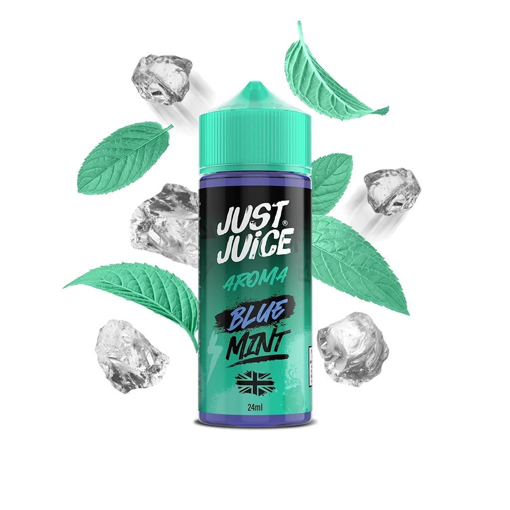Bote Just Juice con etiqueta Blue Mint de 24 ml y tapón verde, rodeado de hojas verdes y cubitos de hielo sobre fondo blanco.
