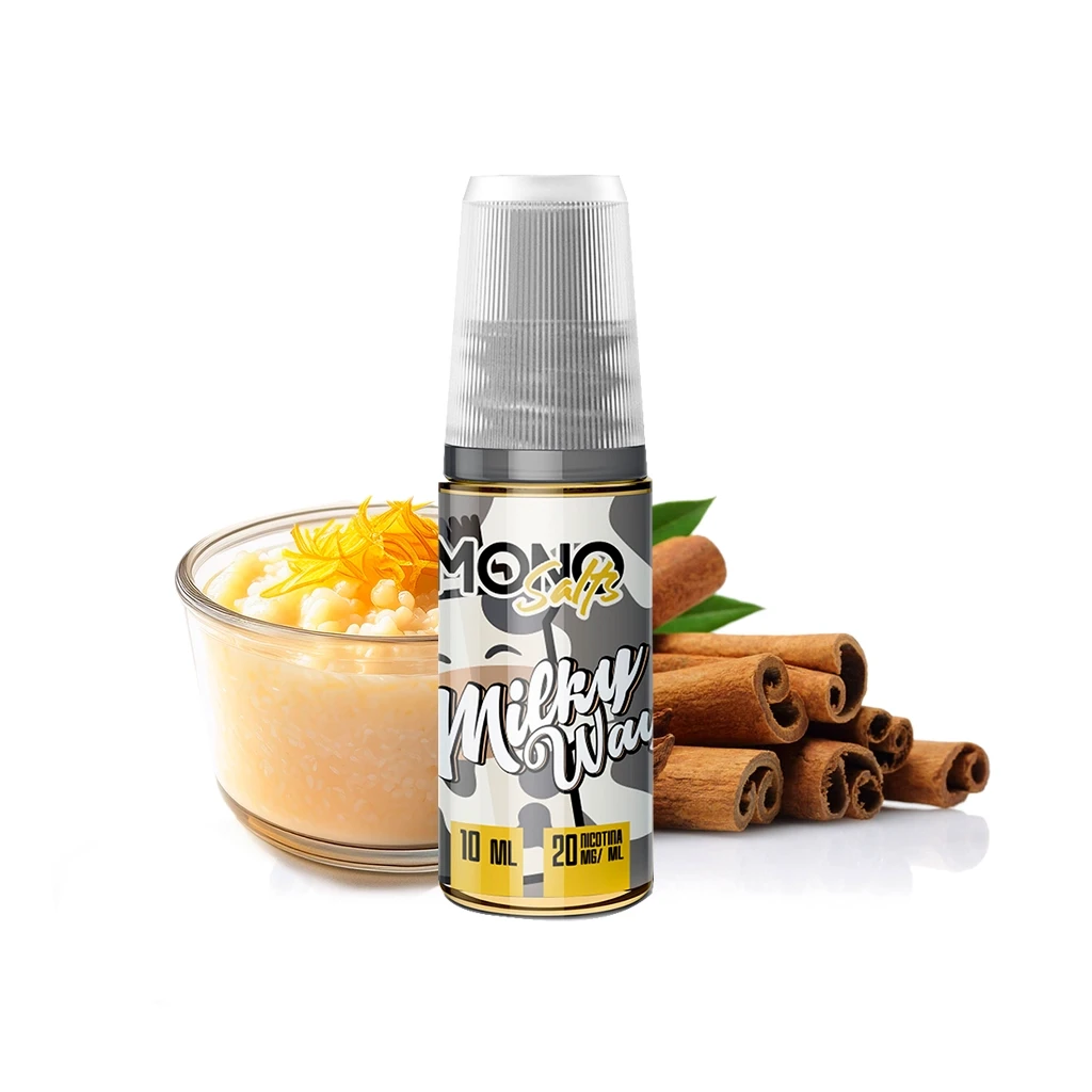 Frasco de Mono Salts Milky Way con tapón translúcido y etiqueta de 10 ml y 20 mg/ml, junto a un postre cremoso y ramas de canela.