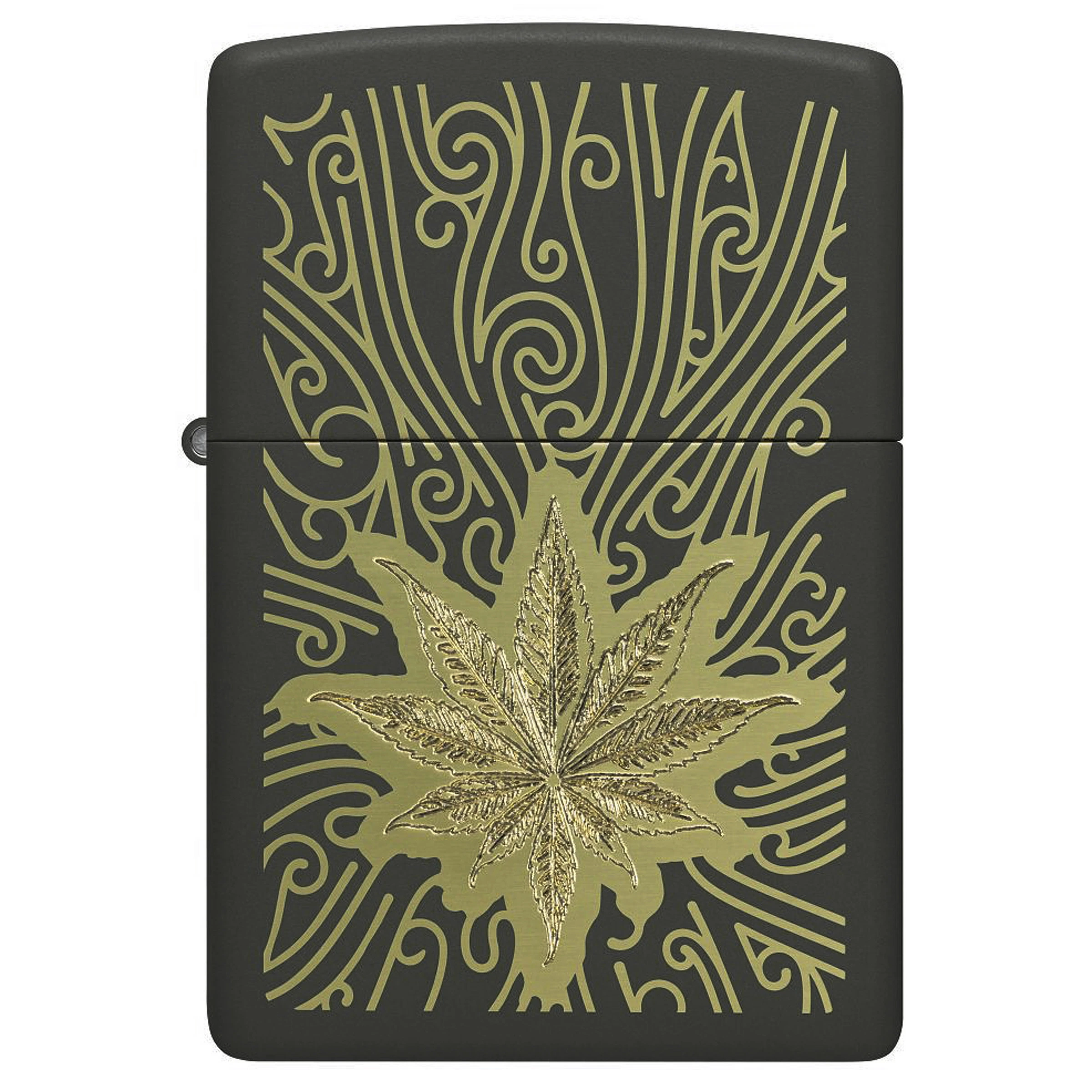 Encendedor Zippo cerrado de color oscuro, decorado con una hoja de cannabis dorada y líneas curvas que cubren el frontal.