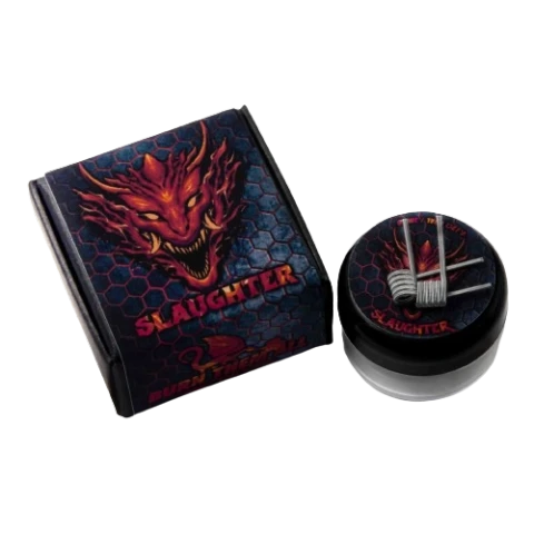 Resistencias Slaughter sobre un recipiente redondo junto a su caja, decorada con un rostro demoníaco rojo sobre fondo oscuro.