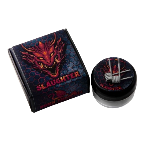 Resistencias Slaughter sobre un recipiente redondo junto a su caja, decorada con un rostro demoníaco rojo sobre fondo oscuro.