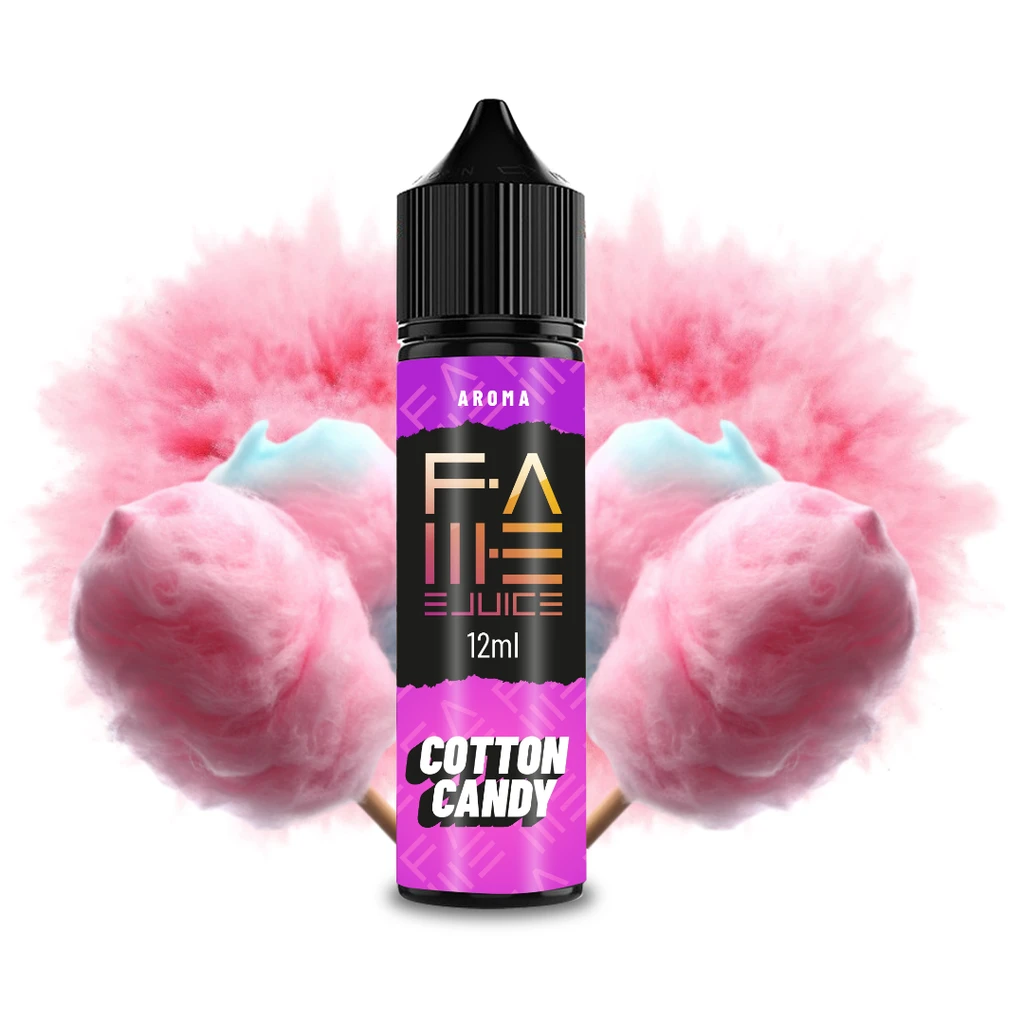 Frasco de aroma Cotton Candy de Fame Ejuice de 12 ml, con tapón negro y etiqueta rosa, ante algodones de azúcar rosas y azules.
