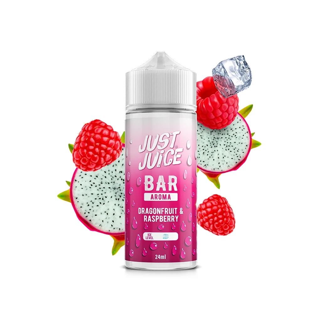 Frasco Just Juice Bar Dragonfruit & Raspberry de 24 ml, con etiqueta rosa y tapón blanco, rodeado de pitaya, frambuesas y hielo.