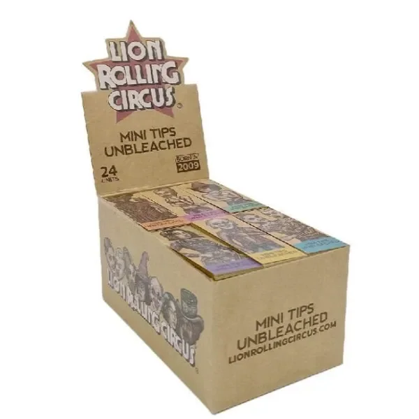 Expositor de cartón Rolling Circus con varios libritos ilustrados de filtros y el texto «Mini Tips Unbleached».