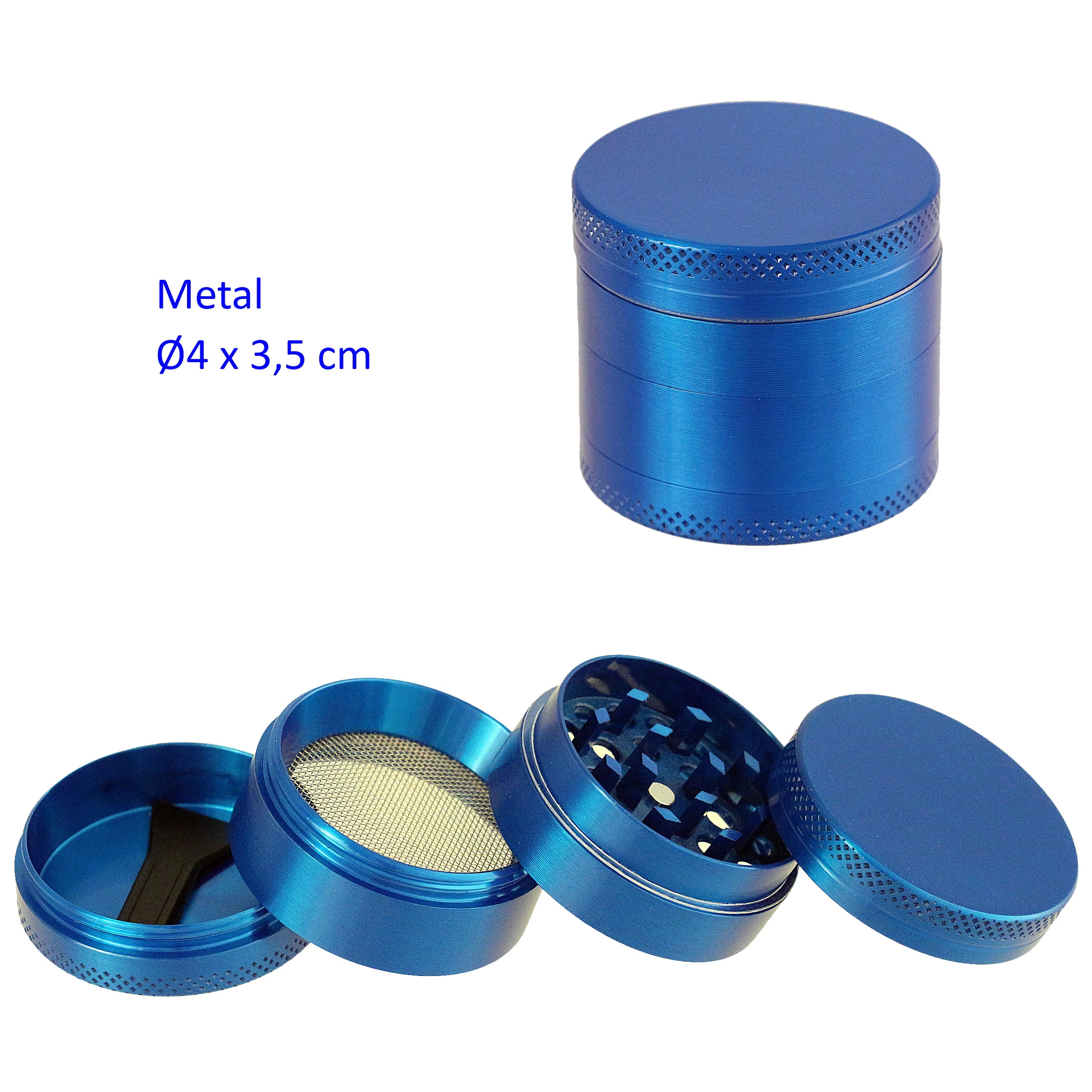 Grinder azul de cuatro partes, mostrado cerrado y desmontado, con dientes, tamiz y pequeña rasqueta sobre fondo blanco.