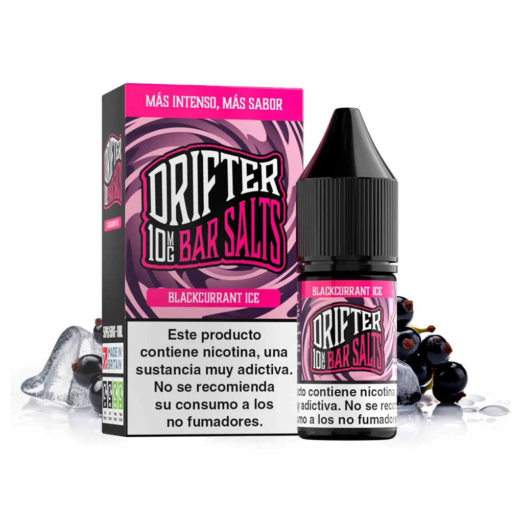 Frasco y caja rosa y negra de Drifter Bar Salts Blackcurrant Ice, con advertencia de nicotina, grosellas negras y hielo alrededor.