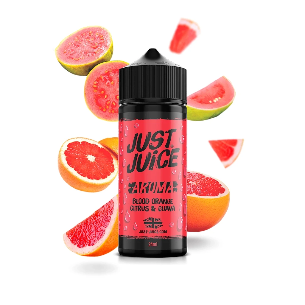 Frasco Just Juice Blood Orange Citrus & Guava de 24 ml, con tapón negro y etiqueta roja, rodeado de guayabas y cítricos cortados.