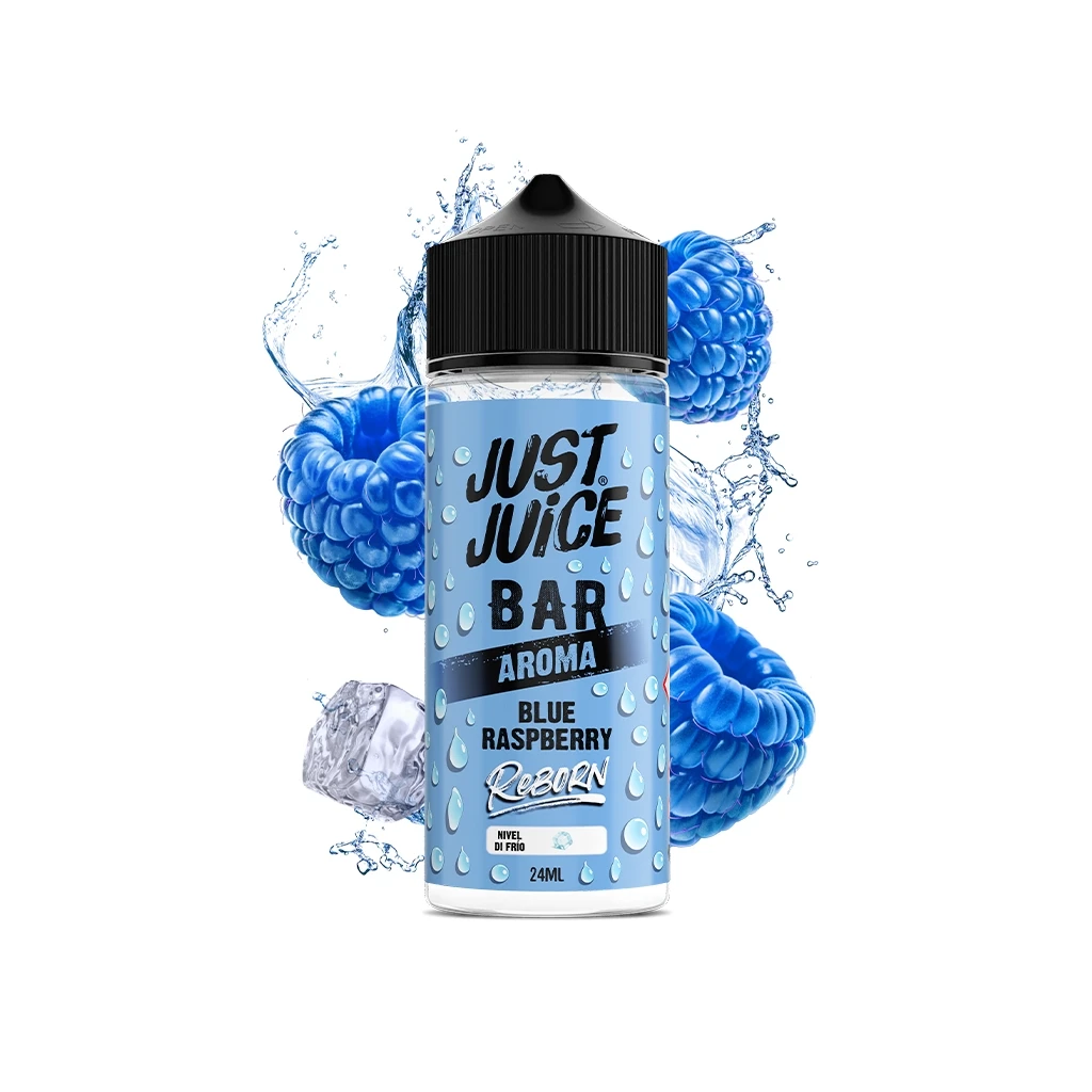 Frasco Just Juice Bar Blue Raspberry Reborn de 24 ml, con etiqueta azul y tapón negro, rodeado de frambuesas azules, hielo y salpicaduras.