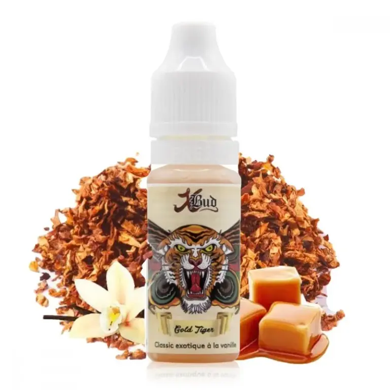 Frasco XBUD Gold Tiger con tapón blanco y un tigre en la etiqueta, acompañado de hojas de tabaco, una flor de vainilla y caramelos.
