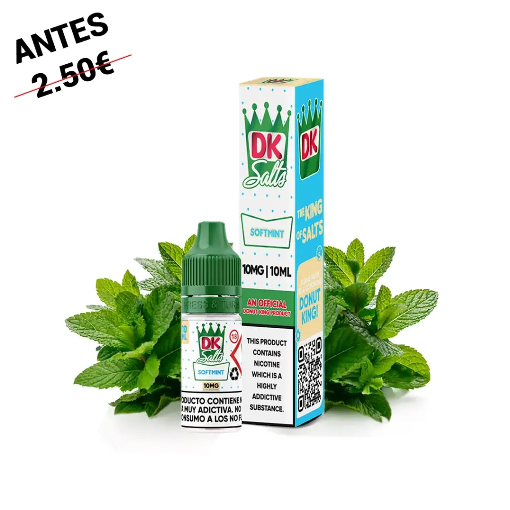Frasco y caja Donut King Salts Softmint con detalles verdes, indicaciones de 10 mg y 10 ml y hojas de menta alrededor.