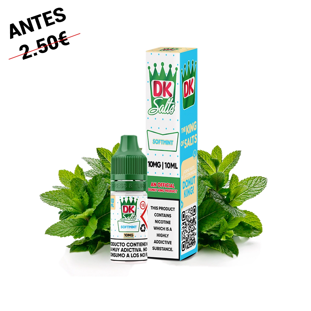 Frasco y caja Donut King Salts Softmint con detalles verdes, indicaciones de 10 mg y 10 ml y hojas de menta alrededor.