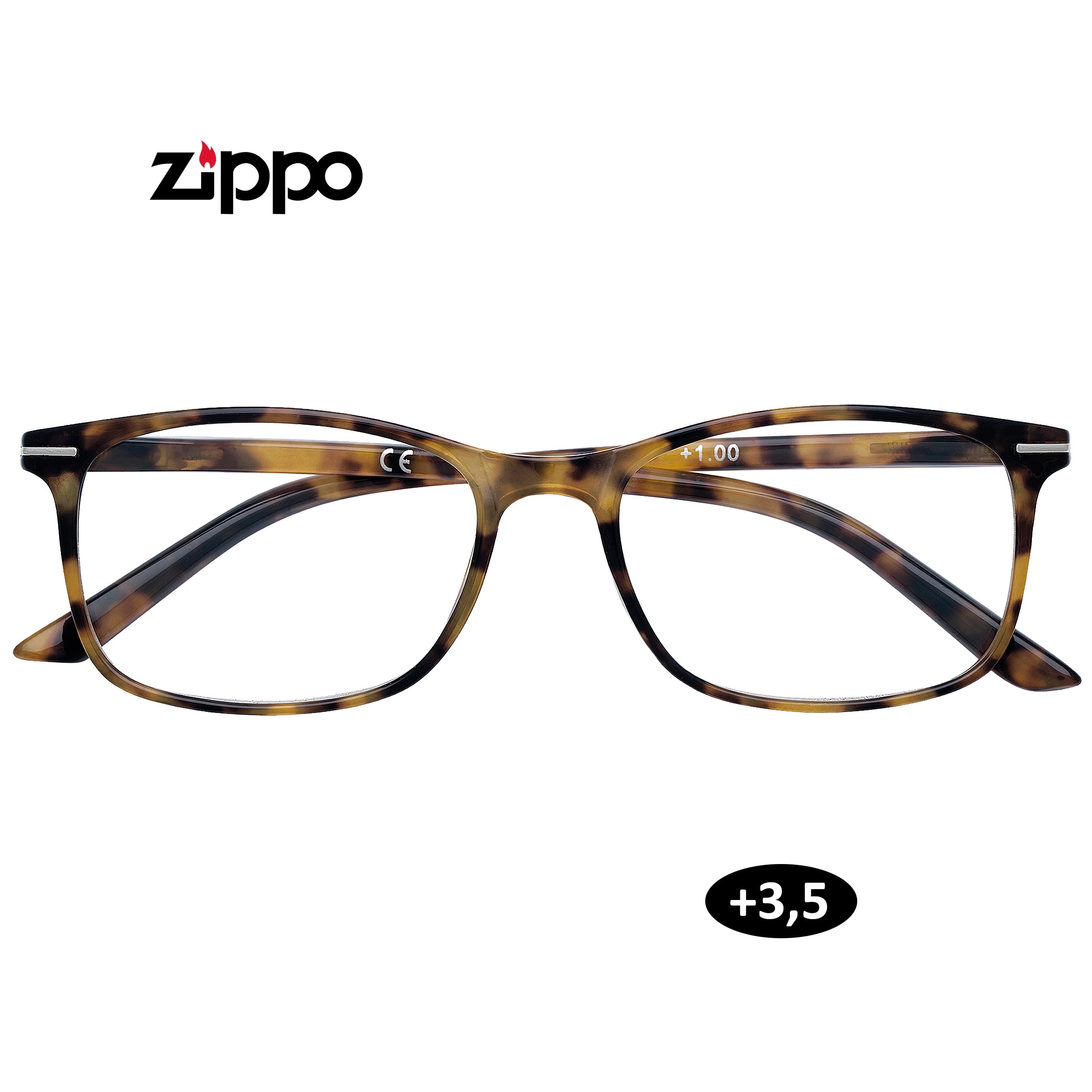 Gafas de lectura Zippo de montura rectangular moteada marrón y negra, con distintivo +3,5 e inscripción +1.00 en la lente.