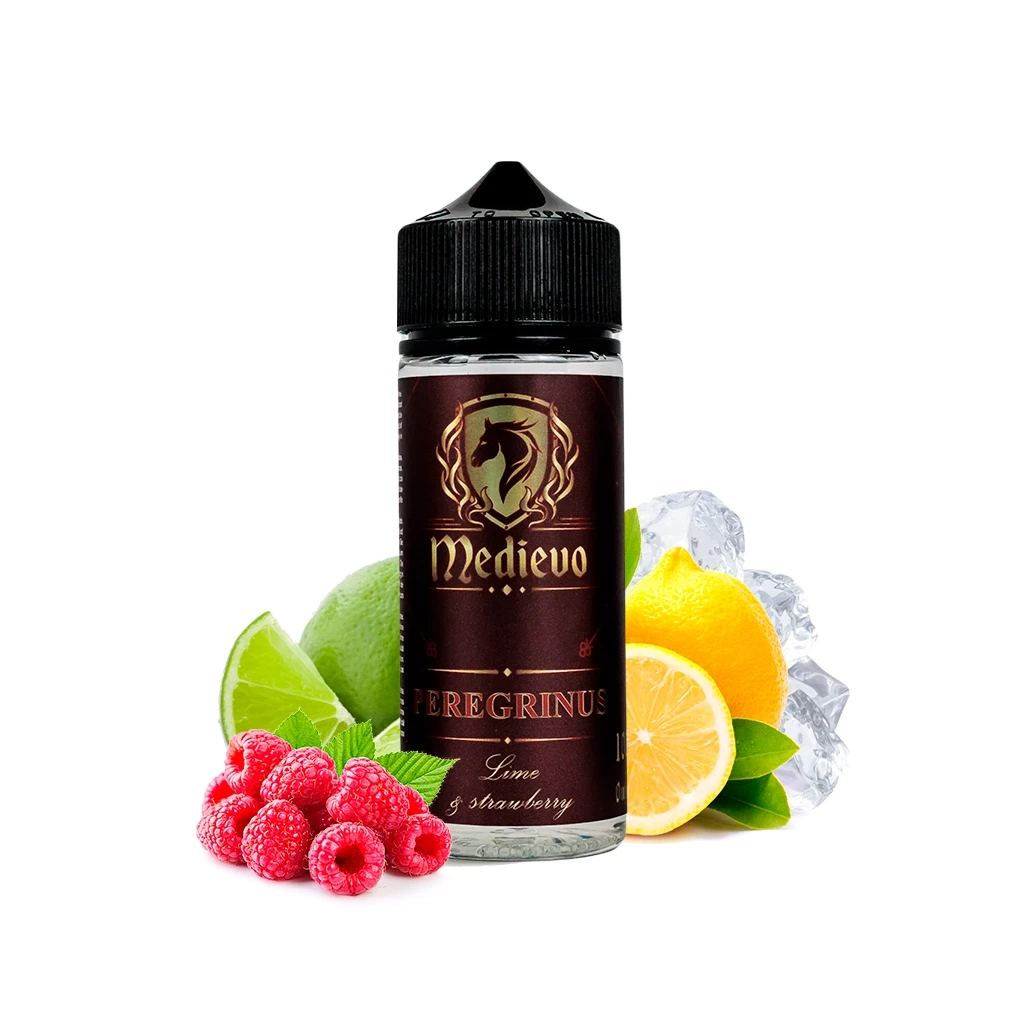 Botella Medievo Peregrinus con tapón negro y etiqueta granate, rodeada de lima, limón, frambuesas y cubitos de hielo sobre fondo blanco.