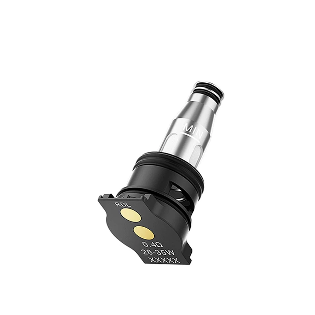 Resistencia Oxva VPrime inclinada, con cuerpo plateado, base negra y contactos dorados; indica RDL, 0,4 Ω y 28–35 W.