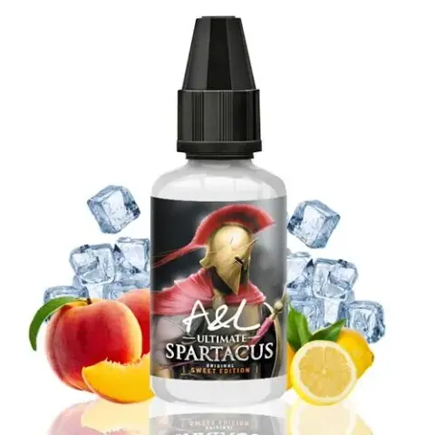 Bote de aroma Spartacus A&L Ultimate Sweet Edition con un guerrero en la etiqueta, rodeado de melocotón, limón y cubitos de hielo.