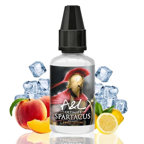 Bote de aroma Spartacus A&L Ultimate Sweet Edition con un guerrero en la etiqueta, rodeado de melocotón, limón y cubitos de hielo.