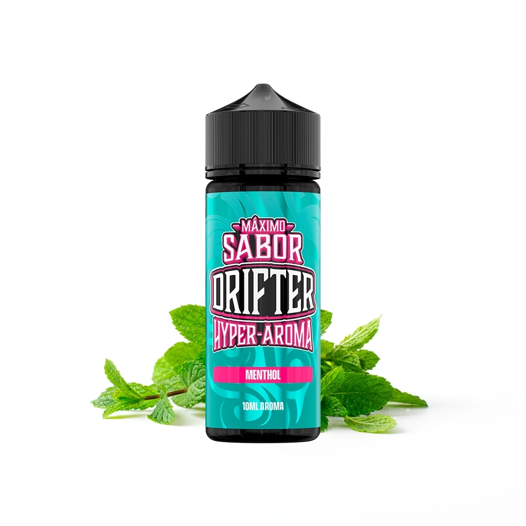 Bote Drifter Hyper-Aroma Menthol con tapón negro y etiqueta turquesa y rosa, delante de varias hojas de menta.