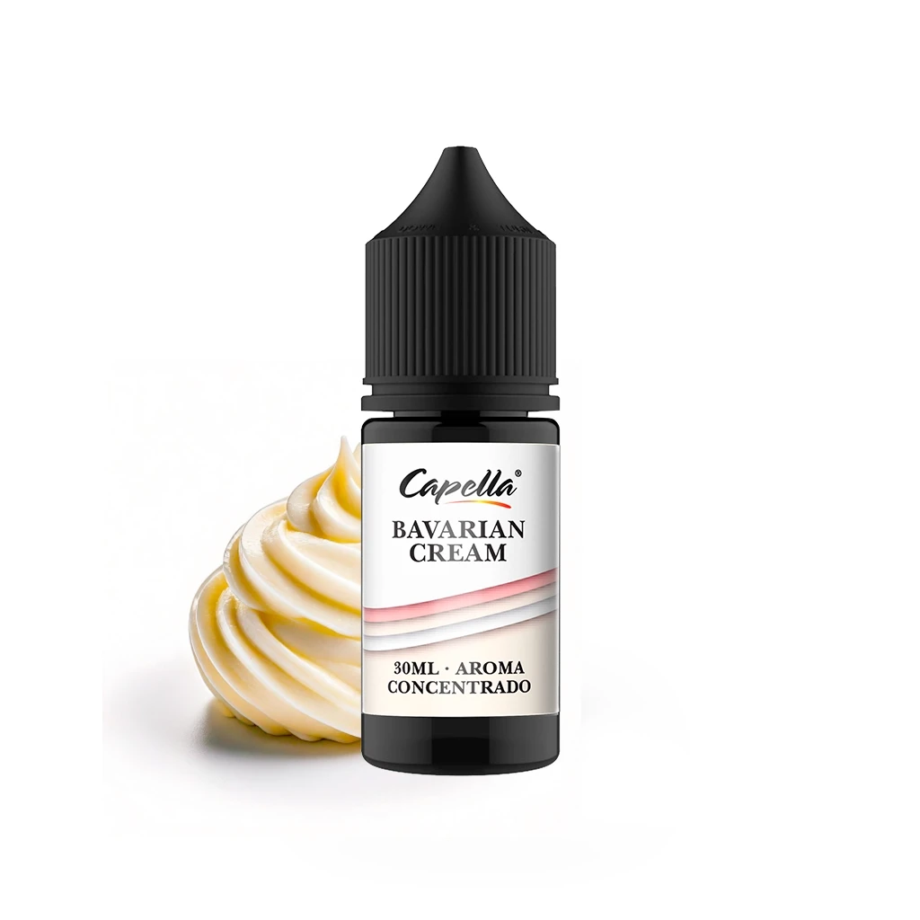 Bote de aroma Capella Bavarian Cream de 30 ml, con tapón negro y etiqueta blanca, junto a una espiral de crema.