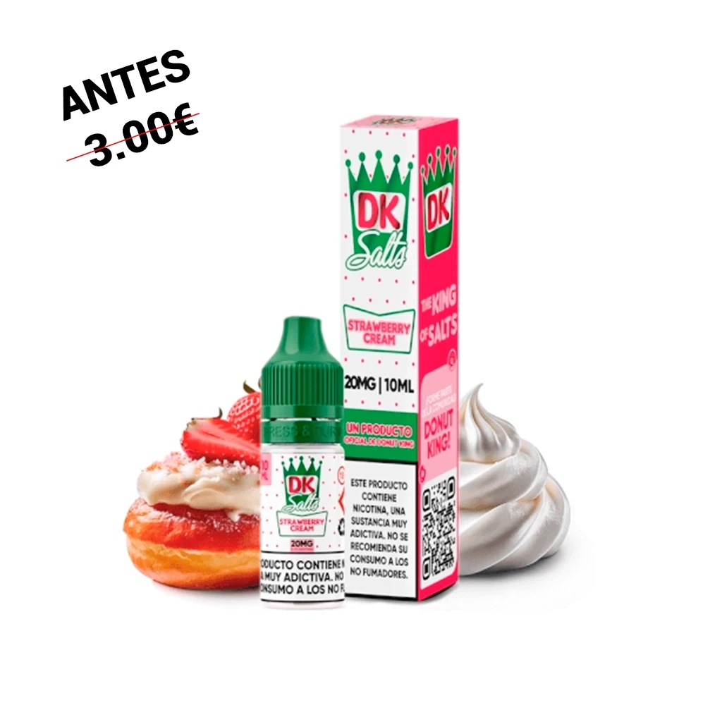 Frasco y caja de Donut King Salts Strawberry Cream, con etiquetas de 20 mg y 10 ml, junto a un dónut con fresas y crema blanca.