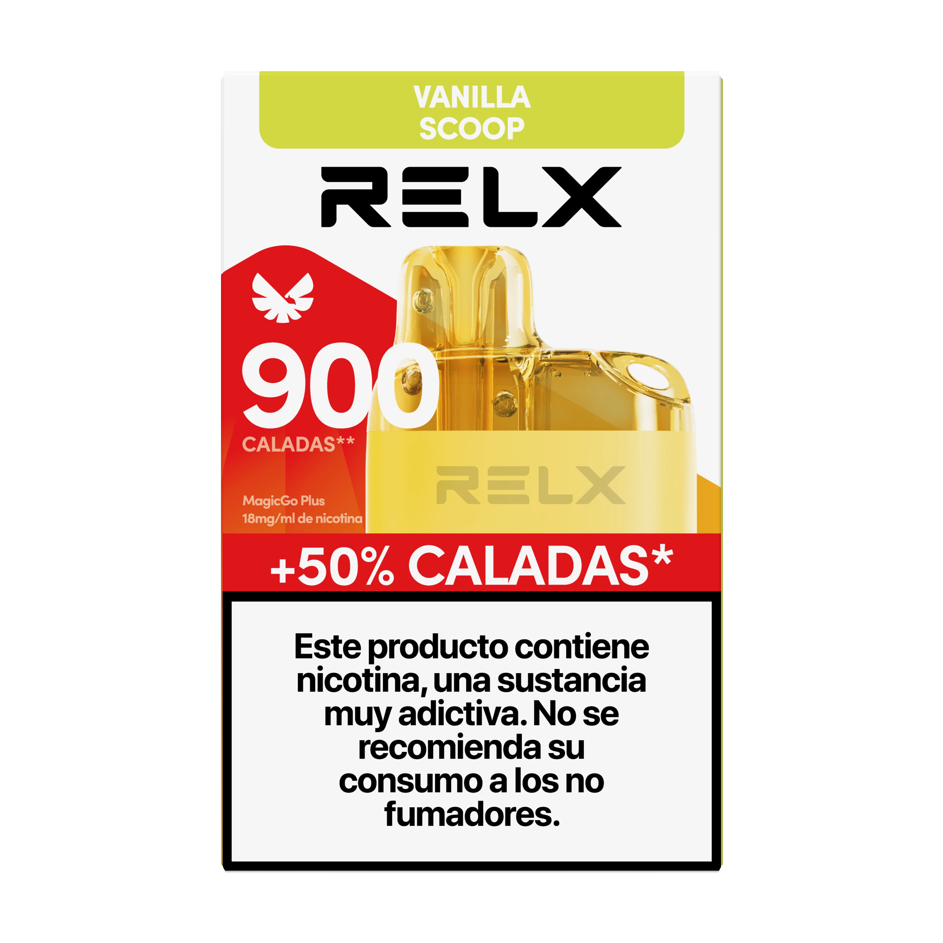 Envase de RELX MagicGo Plus Vanilla Scoop con dispositivo amarillo, indicaciones de 900 caladas y 18 mg/ml y advertencia sobre la nicotina.