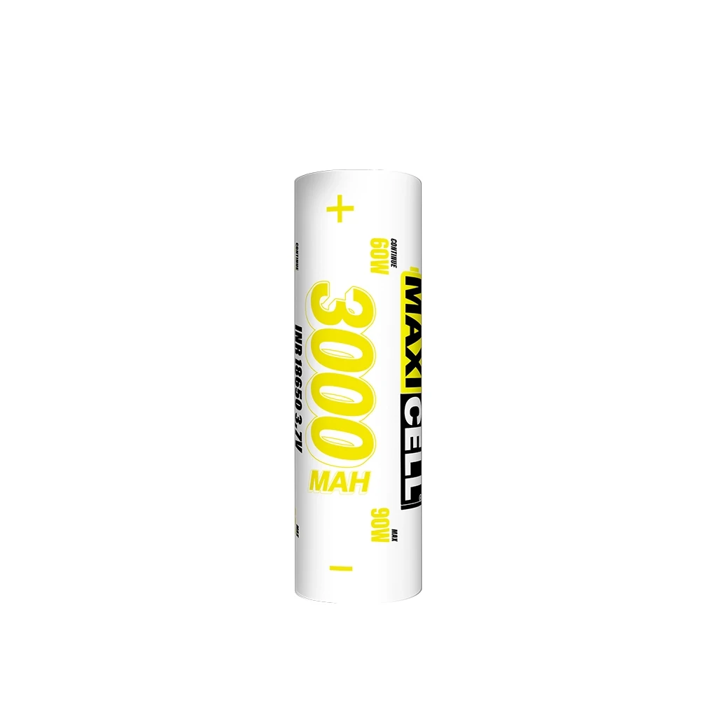 Batería cilíndrica Maxicell INR 18650 blanca, con letras amarillas y negras, indicación de 3000 mAh y símbolos de polaridad. Batería cilíndrica Maxicell INR 18650 blanca, con letras amarillas y negras, indicación de 3000 mAh y símbolos de polaridad.