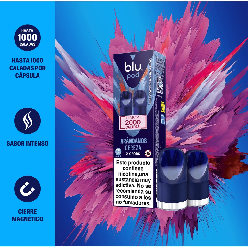 Envase de Blu Pods Arándanos Cereza 20 mg junto a cápsulas azules, sobre fondo azul con trazos rosas y advertencia sobre nicotina.